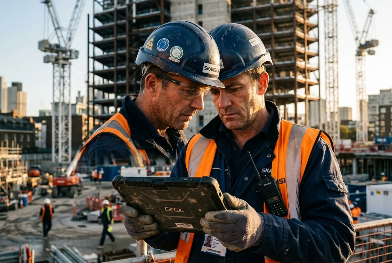 Construction site manager reviewing a tablet on site
