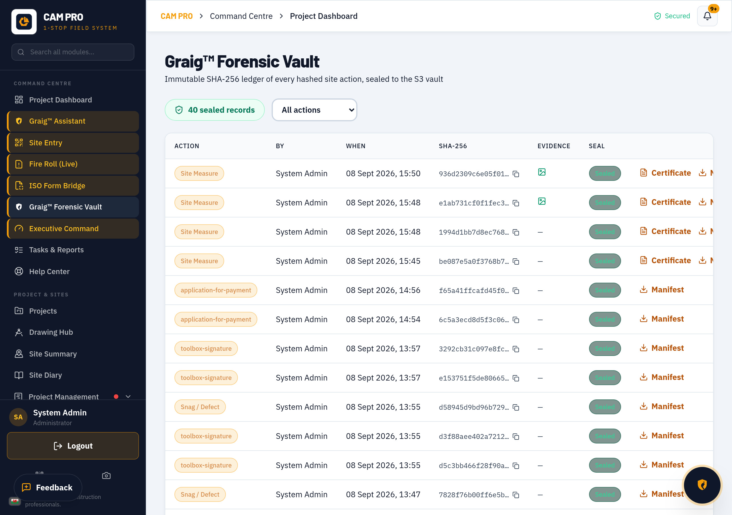 Real screenshot: Graig™ Forensic Vault
