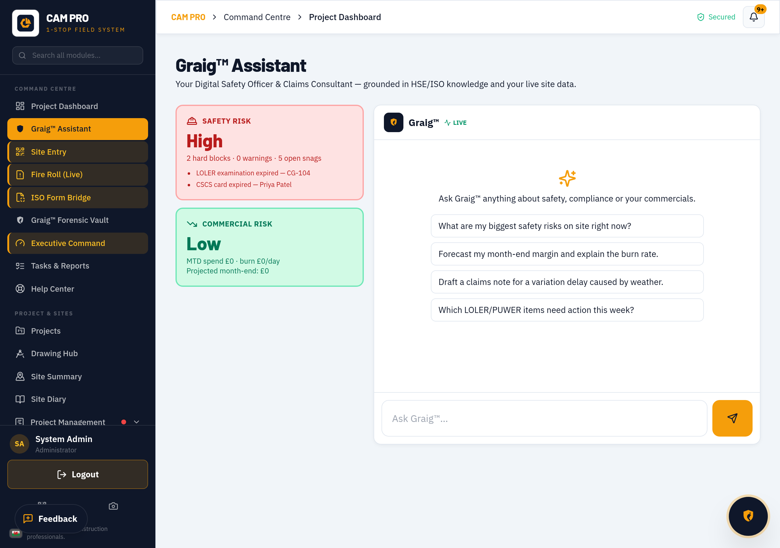 Real screenshot of the Graig™ Assistant forecasting safety and commercial risk