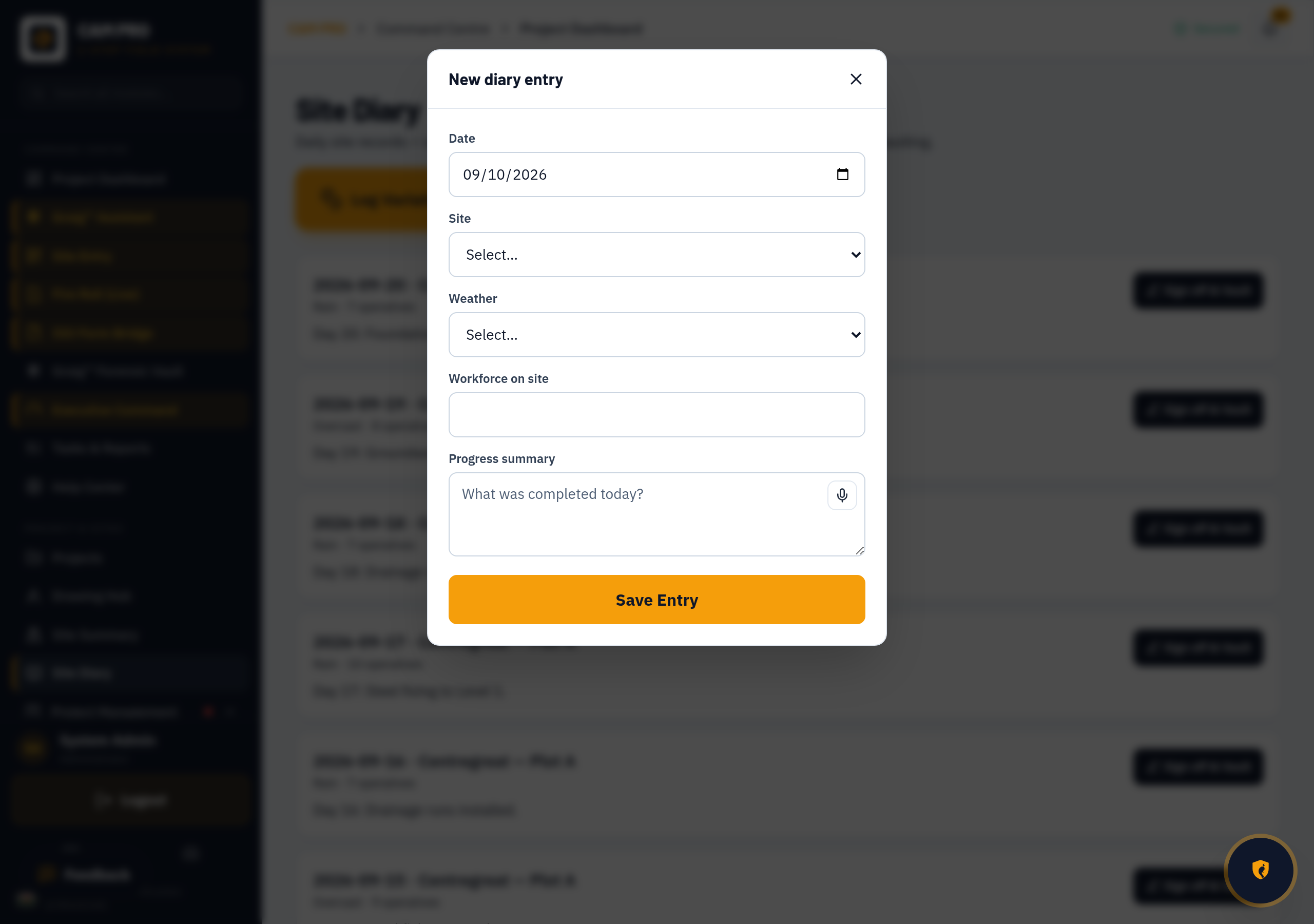 Real screenshot: Site Diary