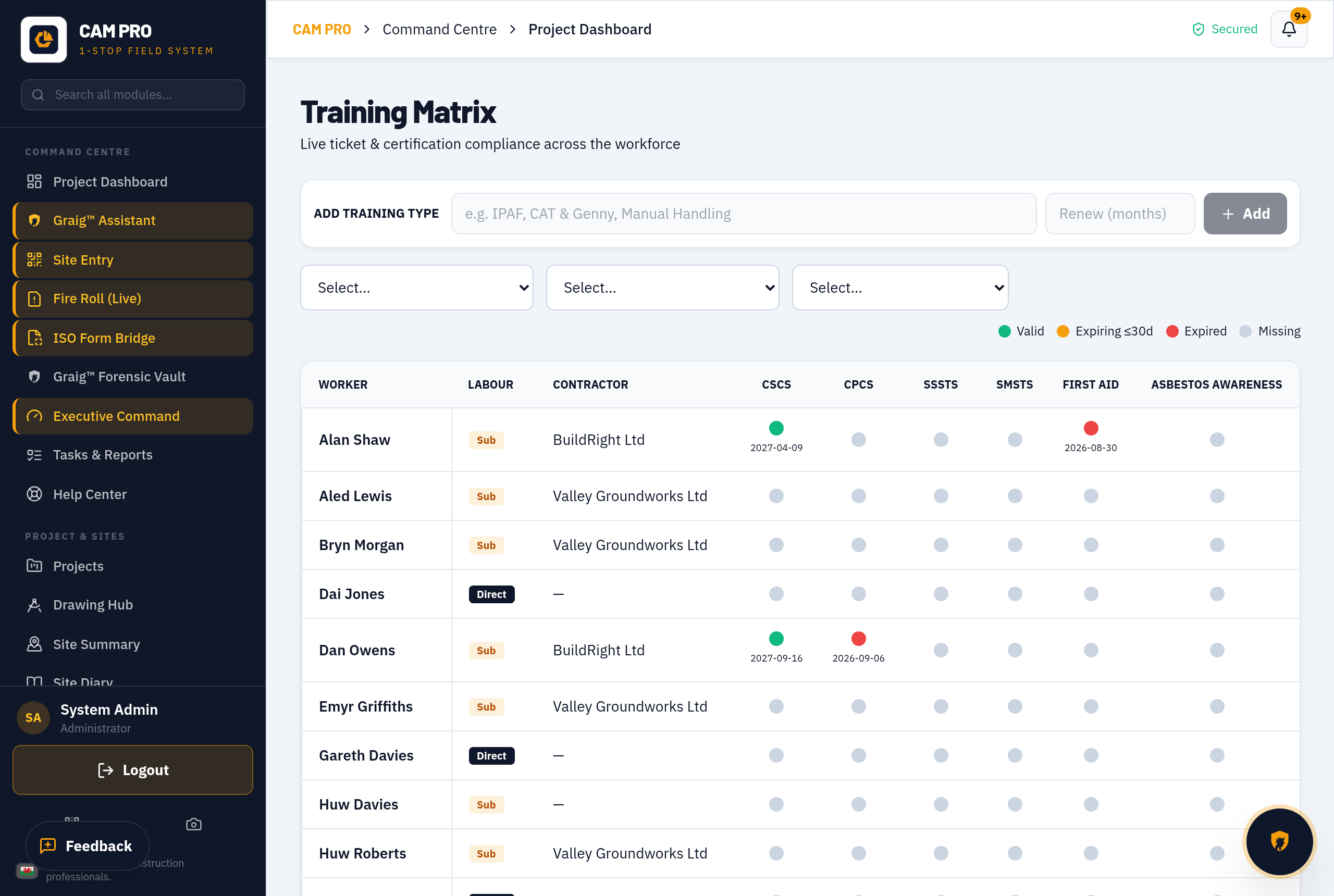 Real screenshot: Training Matrix